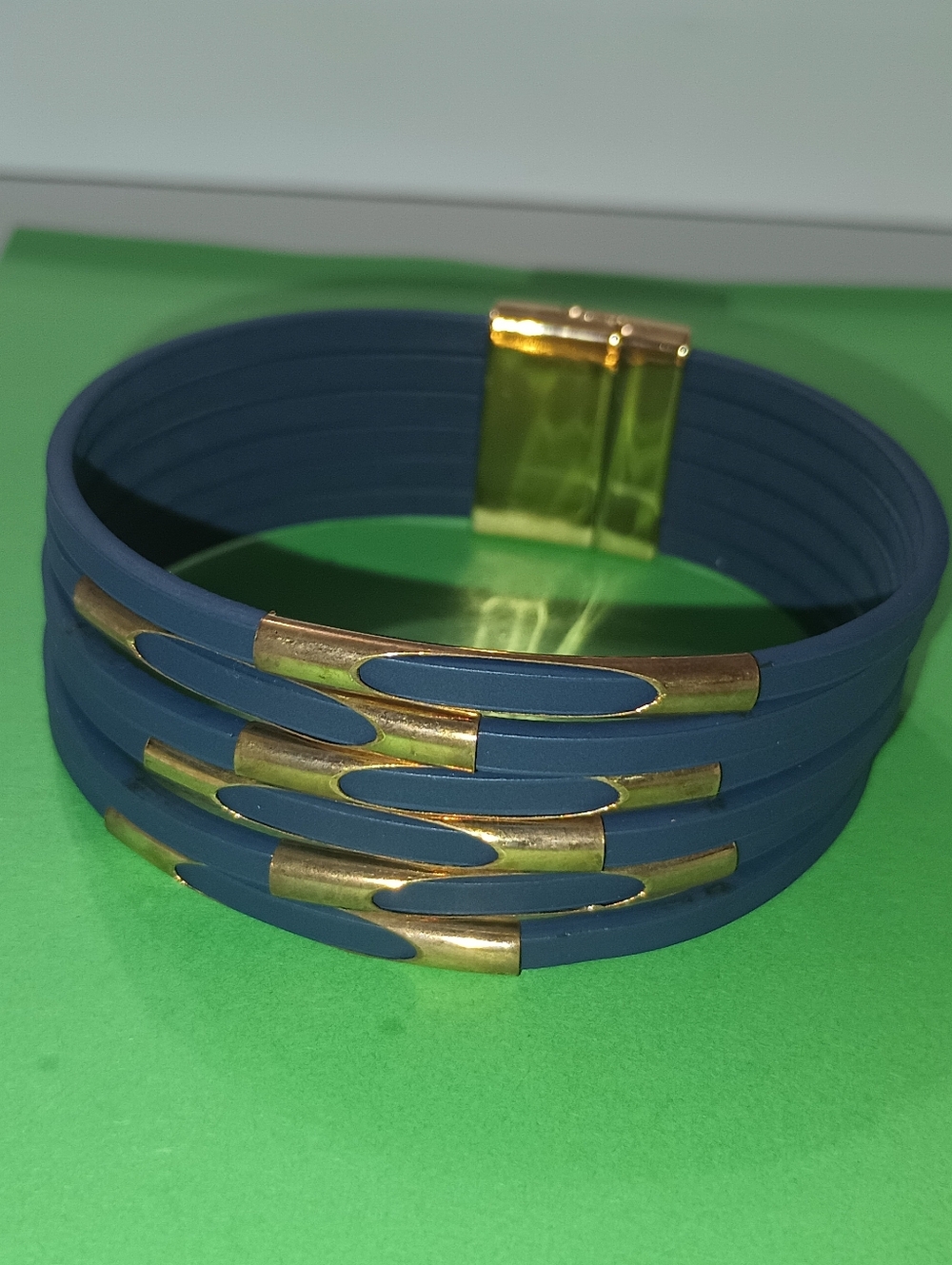 Blue Multi-Row Magnetic Bracelet with Gold Accents
